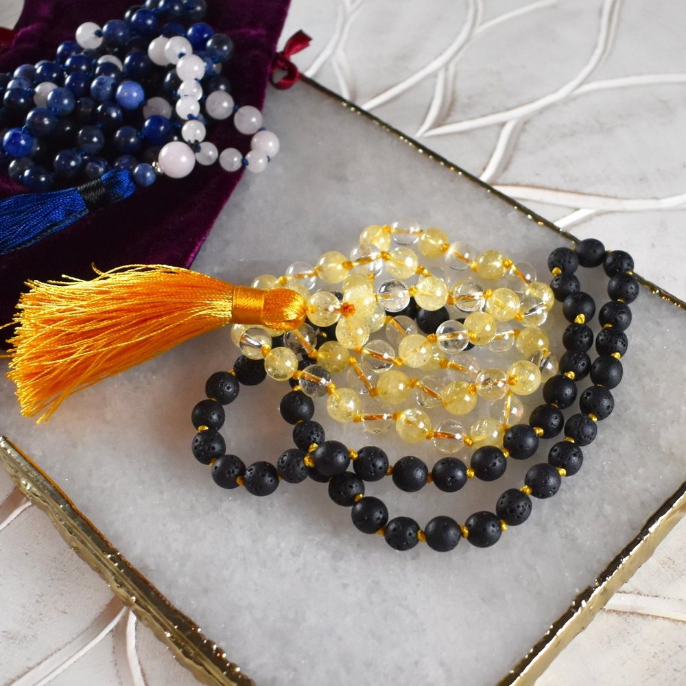 Citrine, Clear Quartz & Lava Stone Mala